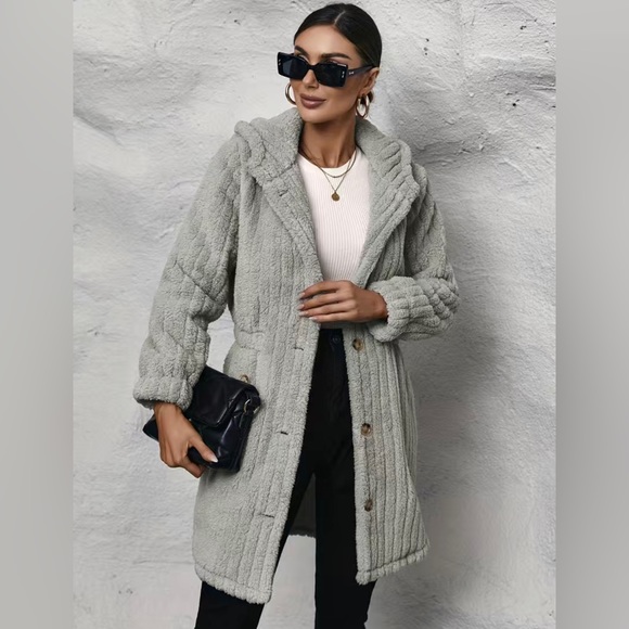 Button Front Hooded Teddy Coat, Casual Solid Long Sleeve Winter Warm Outerwear, - Picture 2 of 2
